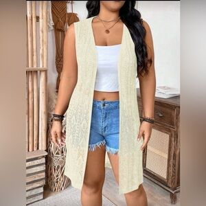 Cream Sleeveless Knit Cardigan For Summer 1X